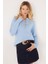 Kadın Oversize Geniş Kesim Düğmeli Yaka Mavi Kazak 2