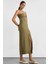 Kadın Yarım Boy Çapraz Boyunlu Bodycon Midi Elbise, Yırtmaç ve Ayarlanabilir İplik Detayı ile Green 3