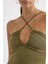 Kadın Yarım Boy Çapraz Boyunlu Bodycon Midi Elbise, Yırtmaç ve Ayarlanabilir İplik Detayı ile Green 5