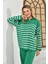 Kadın Kazak Yaka Fermuarlı Pantolon 2'li Set Takım Çizgili Kazak ve Pantolon B.yeşil - 214550 1