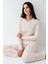 9062 Kadın Toz Pembe Uzun Kollu Yarım Pat V Yaka Pijama Takımı 3