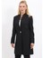 Kendinden Dik Yakalı Tek Düğmeli Uzun Ceket-Siyah 5