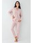 9081 Kadın Pembe Uzun Kollu Önden Düğmeli Gömlek Pijama Takımı 2
