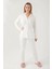 7717 Kadın Krem Uzun Kollu Önden Düğmeli Biyeli Gömlek Pijama Takımı 1