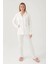 7717 Kadın Krem Uzun Kollu Önden Düğmeli Biyeli Gömlek Pijama Takımı 2