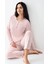 9086 Kadın Pembe Uzun Kollu Yarım Pat Pijama Takımı 1