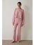 Toz Pembe Kayık Yaka Waffle Termal Etkisi Uzun Kollu Pijama Takımı 1
