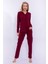 7717 Kadın Bordo Uzun Kollu Önden Düğmeli Biyeli Gömlek Pijama Takımı 1