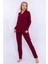 7717 Kadın Bordo Uzun Kollu Önden Düğmeli Biyeli Gömlek Pijama Takımı 2