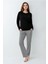 9069B Kadın Siyah Uzun Kollu Yarım Pat Pijama Takımı 2