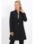 Kendinden Dik Yakalı Tek Düğmeli Uzun Ceket-Siyah 1