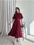 Kemerli Yırtmaçlı Kadın Bordo Elbise Midi 583292 1
