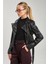 Kadın Kruvaze Yaka Fermuar Detaylı Kısa Suni Deri Mont 2