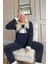 Lacivert Pine Tree Desenli Kadın Peluş Pijama Takımı 2