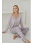 Kadın Ring Viskon Kumaş Dantelli Yaka Detaylı Lila Pijama Takımı 2