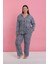 Kadın Büyük Beden Mavi Leopar Desenli Düğmeli Pijama Takımı 4