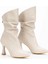 Kadın Bej Özel Tasarım Ince Topuklu Büzgülü Fermuarlı Bot 3