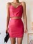 Tek Yırtmaçlı Arkadan Fermuarlı Deri Etek Fuşya 4