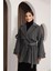 Kadın Gri Kruvaze Oversize Kuşaklı Kaşe Kaban 1