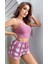 Kadın Pembe Kareli Desenli Askılı Şortlu Pijama Takım 5003 2