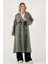 Oversize Fit Kruvaze Yaka Düğmeli Kemerli Uzun Trençkot Bayan Trençkot 6839476 2