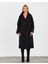 Kadın Siyah Yakalı ve Apoletli Yünlü Kemeli Uzun Kaban 1