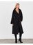 Kadın Siyah Yakalı ve Apoletli Yünlü Kemeli Uzun Kaban 3