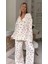 Kadın Beyaz Kalp Baskılı V Yaka Uzun Kol Düğme Kapamalı Pantolon Gömlek Pijama Takımı 3