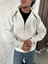 Erkek Oversize Dik Yaka Fermuarlı Sweatshirt - Zincir Nakışli Kanguru Cepli - Beyaz 2