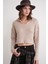 6896 Kadın Örgü Detaylı Crop Triko Kazak Bej 1