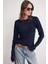 6867 Kadın Kare Desen Ajurlu Triko Kazak Lacivert 1