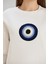 Kaadın Ekru Renk Nazar Boncuklu Bisiklet Yaka Üç Iplik Sweatshirt 5