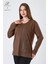 Kadın Orta Yaş ve Üzeri Viskon Halka Şerit Desen Taşlı Işlemeli Likralı Kahverengi Anne Penye Bluz 4