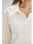 Kadın Gömlek Yaka İki İplik Basic Ekru Crop Sweatshirt 4