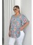Büyük Beden V Yaka Kısa Kollu Eteği Bollaşan Desenli Bluz 101-44 5