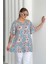 Büyük Beden V Yaka Kısa Kollu Eteği Bollaşan Desenli Bluz 101-44 6