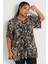 Büyük Beden V Yaka Ön Pileli Kısa Kollu Desenli Bluz 303725 1