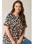 Büyük Beden Kısa Kollu Bisiklet Yaka Leopar Desenli Bluz 616006 1