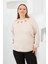 Yaka Detaylı Kol ve Eteği Büzgülü Büyük Beden Sweat Krem 1