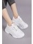 Kadın Beyaz Beyaz Rahat Kalıp Yüksek Taban Bağcıklı Spor Ayakkabı 4