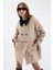 Kadın Oversize Siyah Yakalı Çift Düğmeli Teddy Kaban - Bej 1