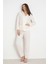 Kadın Ekru Aerobin Saten Biyeli Pijama Takımı – Gömlek Yaka, Çift Cepli, Kışlık 2