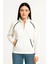 Oversize Dik Yaka Fermuarlı Sweatshirt - Zincir Nakışli Kanguru Cepli, - Beyaz 1