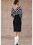 Uzun Kollu Kruvaze Yaka Çizgi Desenli Kısa Triko Elbise Siyah-Standart 2