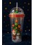 Renkli Pipetli Kupa Bardak Noel Çam Ağacı Altında Noel Baba ve Kardan Adam desenli Suluk 450ML 2768B 2