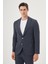 Erkek Lacivert Poliviskon Trend Çizgili Slim Fit Mono Yaka Takım Elbise 1