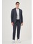 Erkek Lacivert Poliviskon Trend Çizgili Slim Fit Mono Yaka Takım Elbise 4