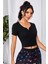 Kadın Siyah Çift Fermuarlı Yarım Kol Crop Top Bluz 5