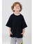 Unisex Çocuk Bisiklet Yaka Kısa Kol %100 Pamuk Oversize Tişört Siyah 2