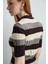 Çizgili Yarım Kollu Triko Bluz - Kahverengi 5